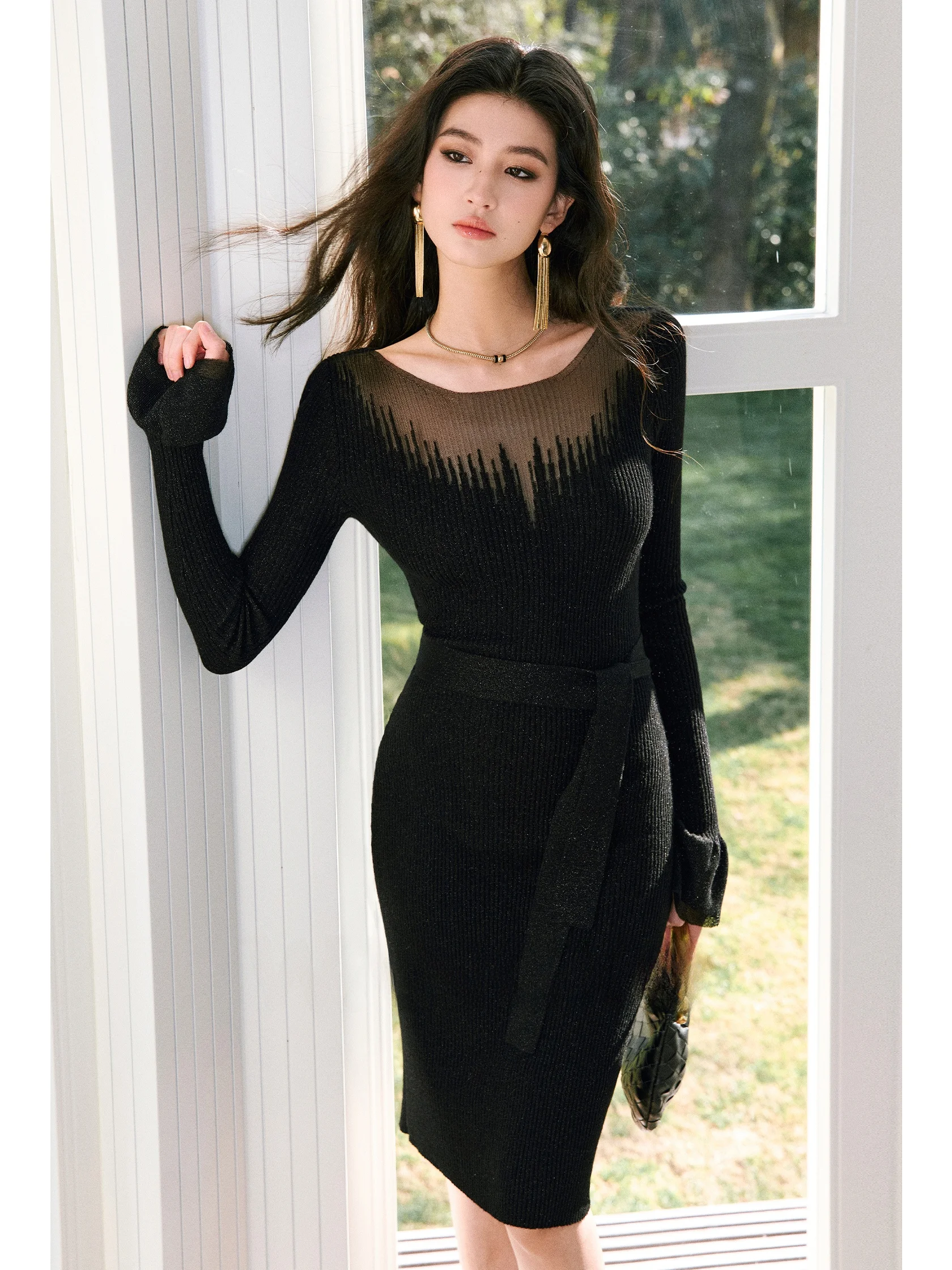 

WANGXO Sparkling Wool Pit Stripe adient See-tough Tulle ort Knitted Dr Belted Bodycon Ci Commute Suitable