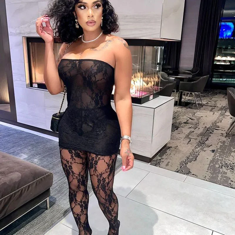 Sexy Night Club Outfits for Women 2 Piece Set Festival Clothing Lace Tube Strapless Top and Legging Matching Sets Free Shipping