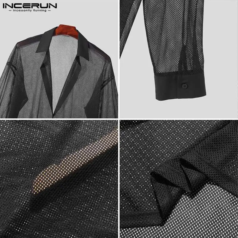 Fashion Well Fitting Tops INCERUN Handsome Men\'s Hollowed Perspective Thin Shirt Casual Hot Sale Lapel Long Sleeved Shirts S-5XL