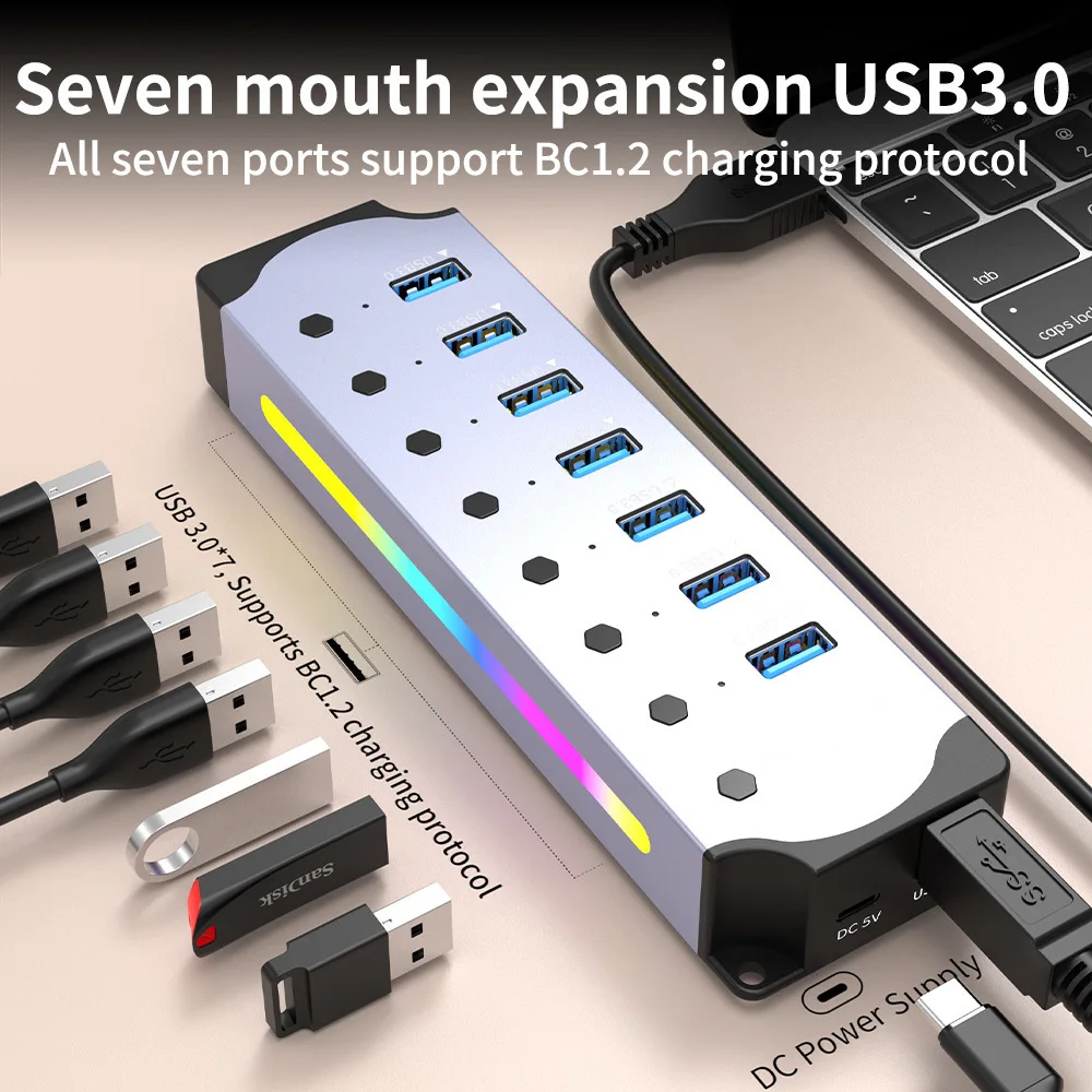 10 in 1 Powered USB3.0 Interface Docking Station Cool RGB Light Mouse Keyboard HUB Aluminum Alloy Computer Converter Connector