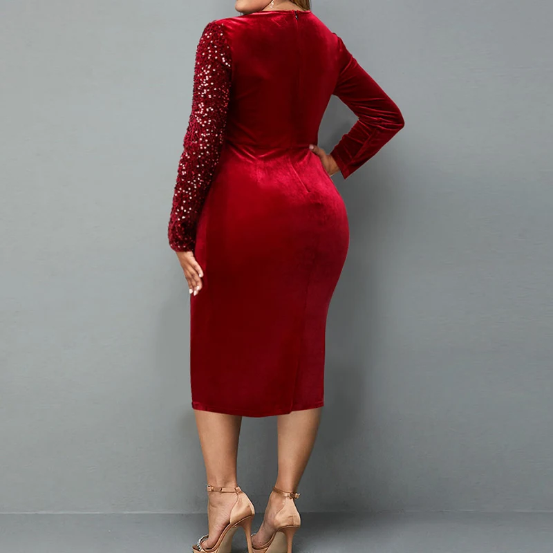 Autumn Winter Plus Size Elegant Fashion Sequins Patchwork Bodycon Dresses 5XL Long Sleeve Evening Party Dress Vestidos De Fiesta