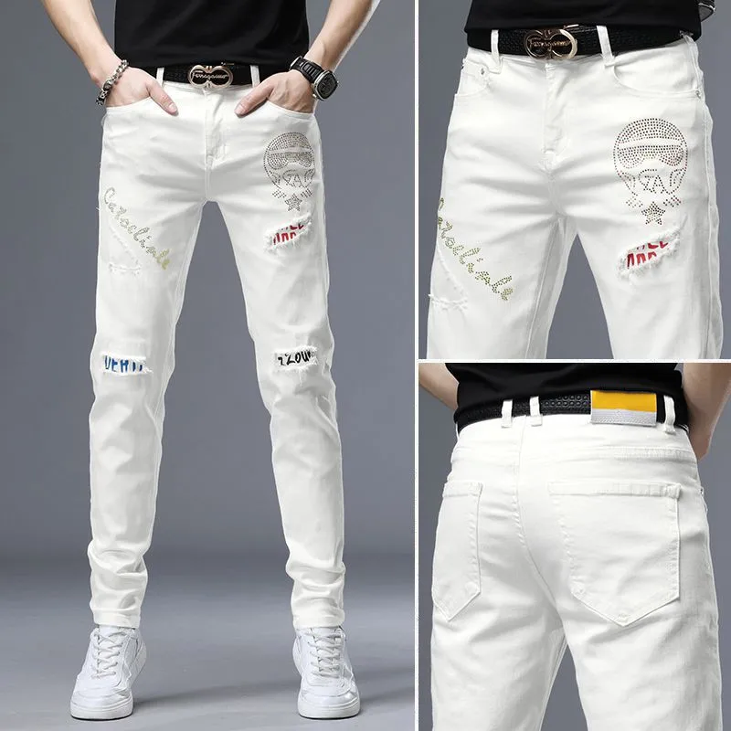 Spring Summer White Hot Drill Ripped Cowboy Korean Style Streetwear Men Washed Luxury Holes Slim Hip-hop Stylish Jeans Trousers