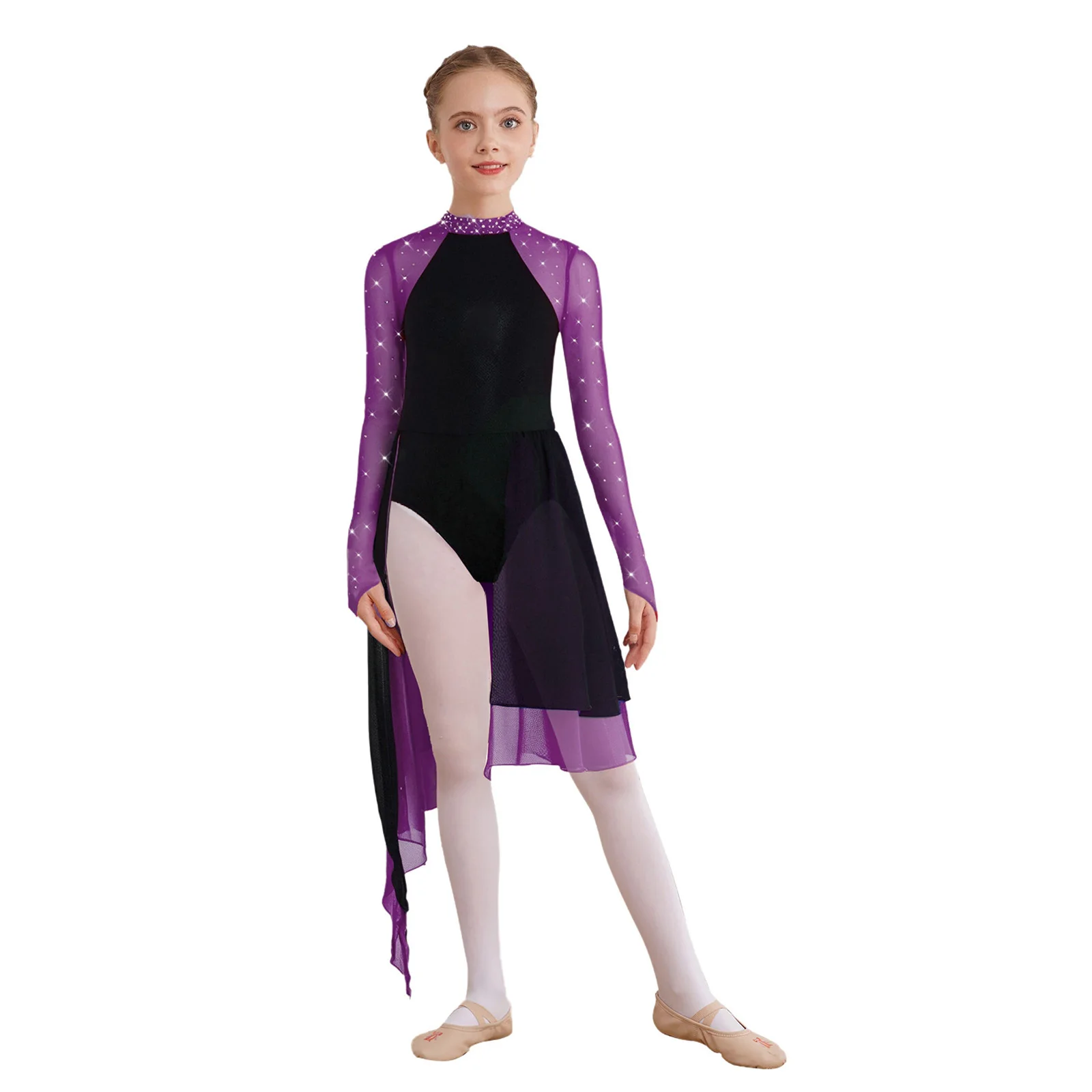 

Kids Girls Long Sleeve Lyrical Dance Leotard Dress Shiny Rhinestones Contrast Color Slit Skirt Bodysuit Figure Skating Dresses