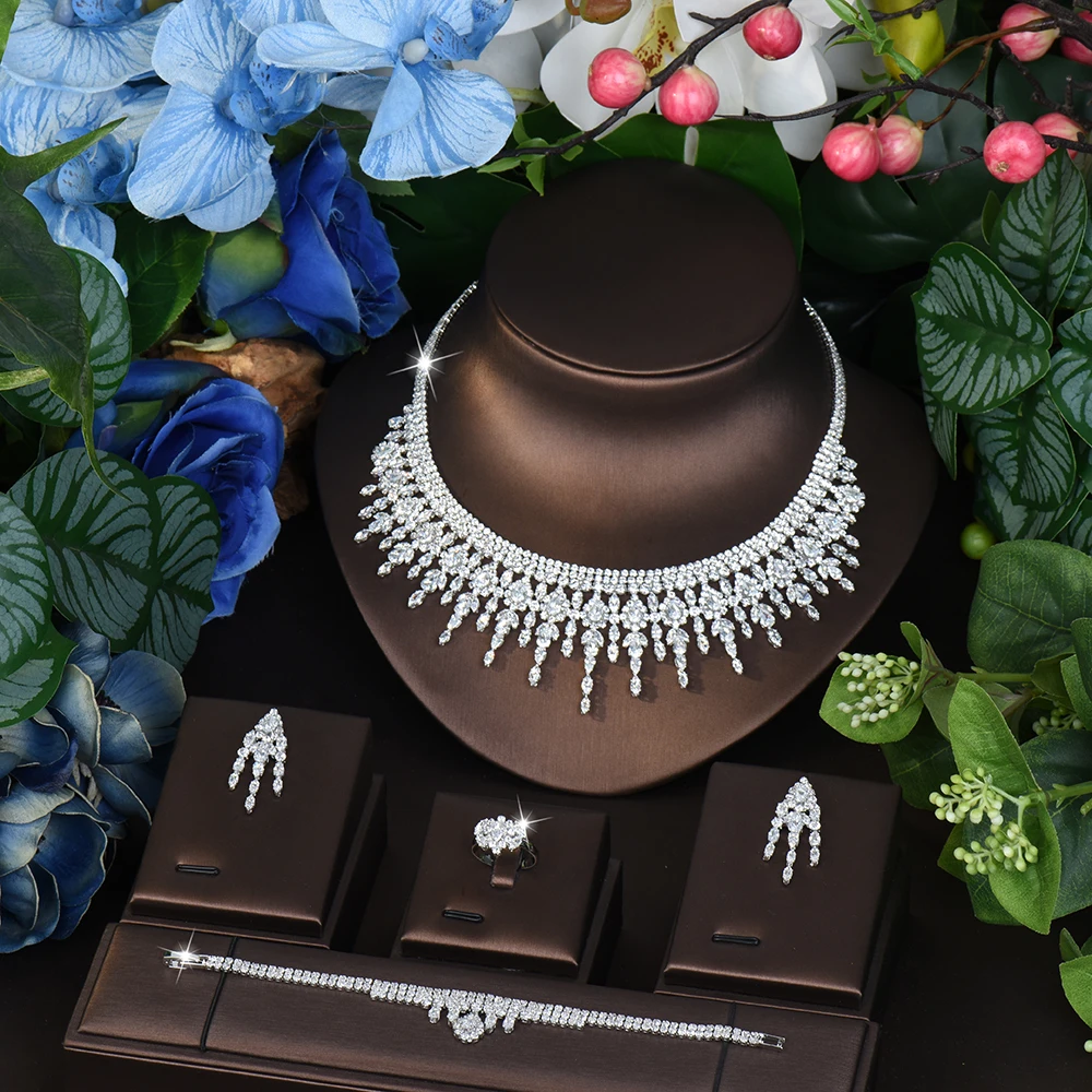 

HIBRIDE 2025 New Fringe Shape Pop Necklace Earrings Jewelry 4 Piece Set Women's Clothing for Wedding Bridal Prom Gift S-842