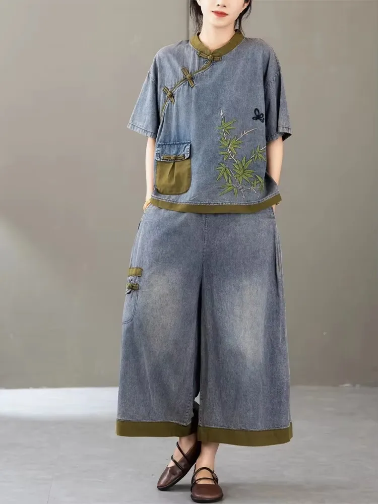 AmaxluluE Summer Womens Embroidery Plus Size 2 Pieces Sets Loose Casual Tops Wide Leg Pants Denim Outfits Fashion Floral Suits