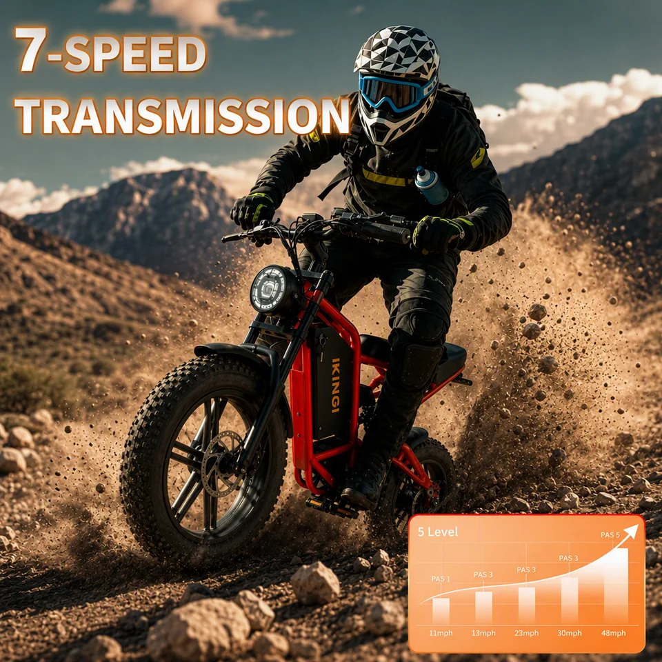 High Speed Full Suspension Fat Tire Electric Bike Off-Road Mountain Ebike for Adults, Powerful Red, Dual Shock Absorption Front Rear Suspension, Disc Brake, LED Headlight, Beach Snow Trail Commuter Bicycle E-Bike image 8