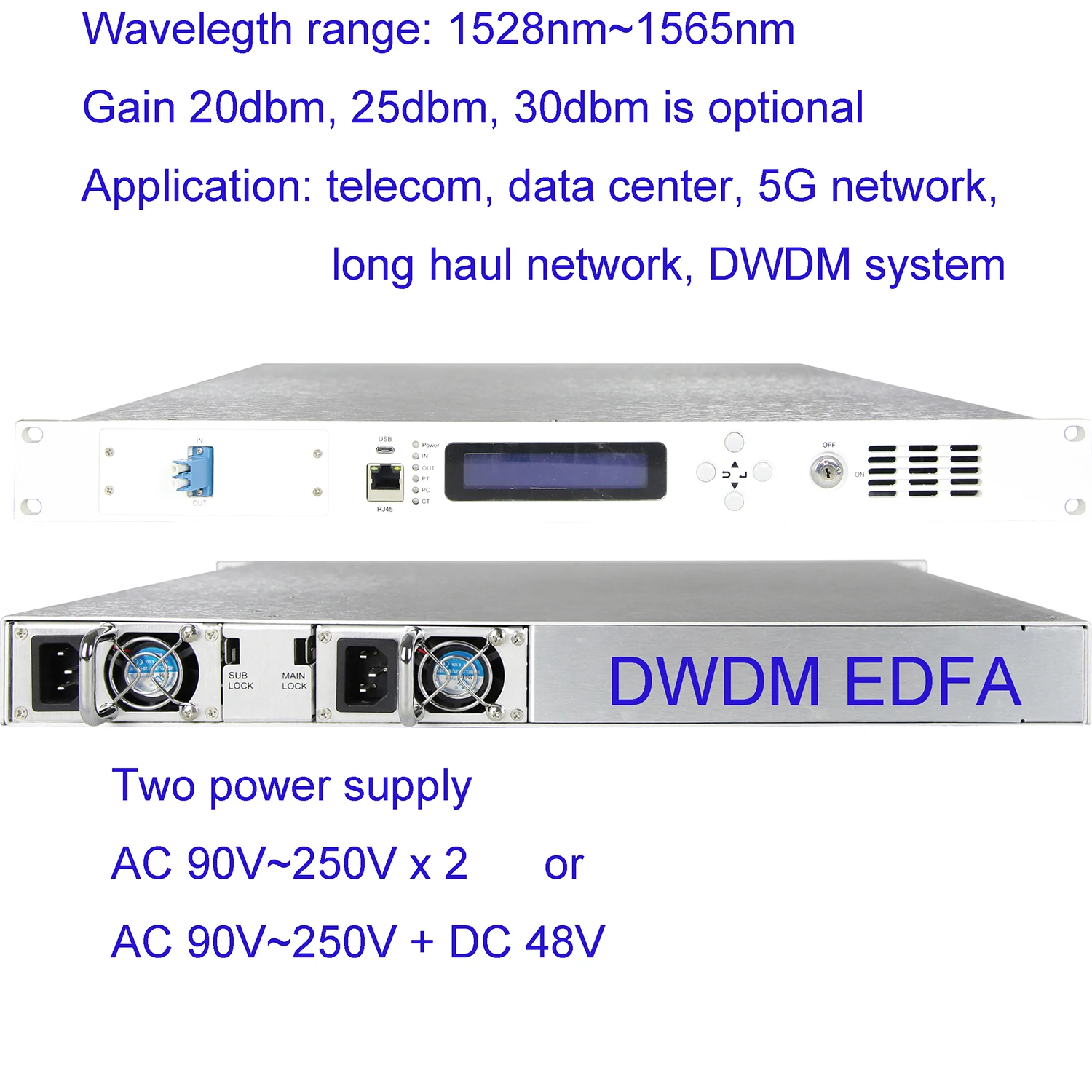 30dBm Output DWDM EDFA Booster Amplifier, standard 1U Erbium-doped fiber amplifier for DWDM optical transmission system