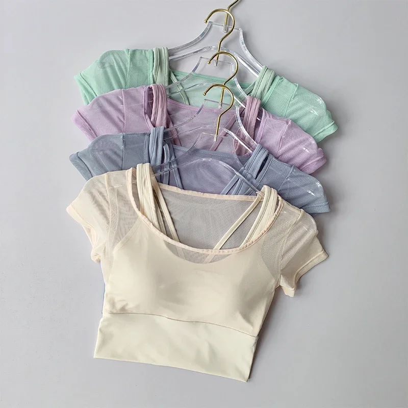 Women's Pilates Fitness Suit Chest Cushion Yoga Suit Top Quick Drying High-end Feeling Running Sports Short Sleeved Breathable