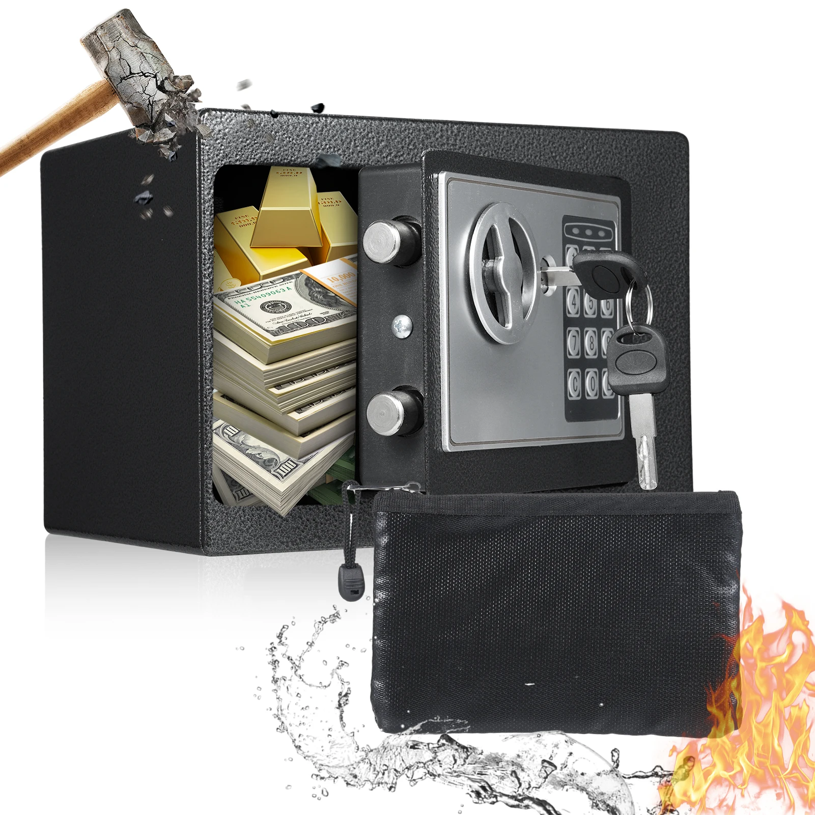 Home Safes Fireproof Wall-mounted Hidden Safe Box Waterproof Box + Document Bag with Keypad and Spare Key Digital Home Security