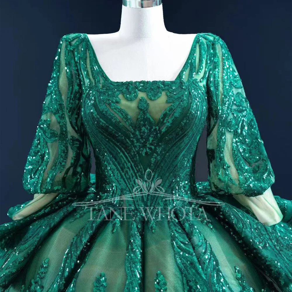 Galajurken Women's Green Ball Gown Square Collar Puffy Lantern Sleeves Lace Up Back Embroidery And Sequins For Evening Wear