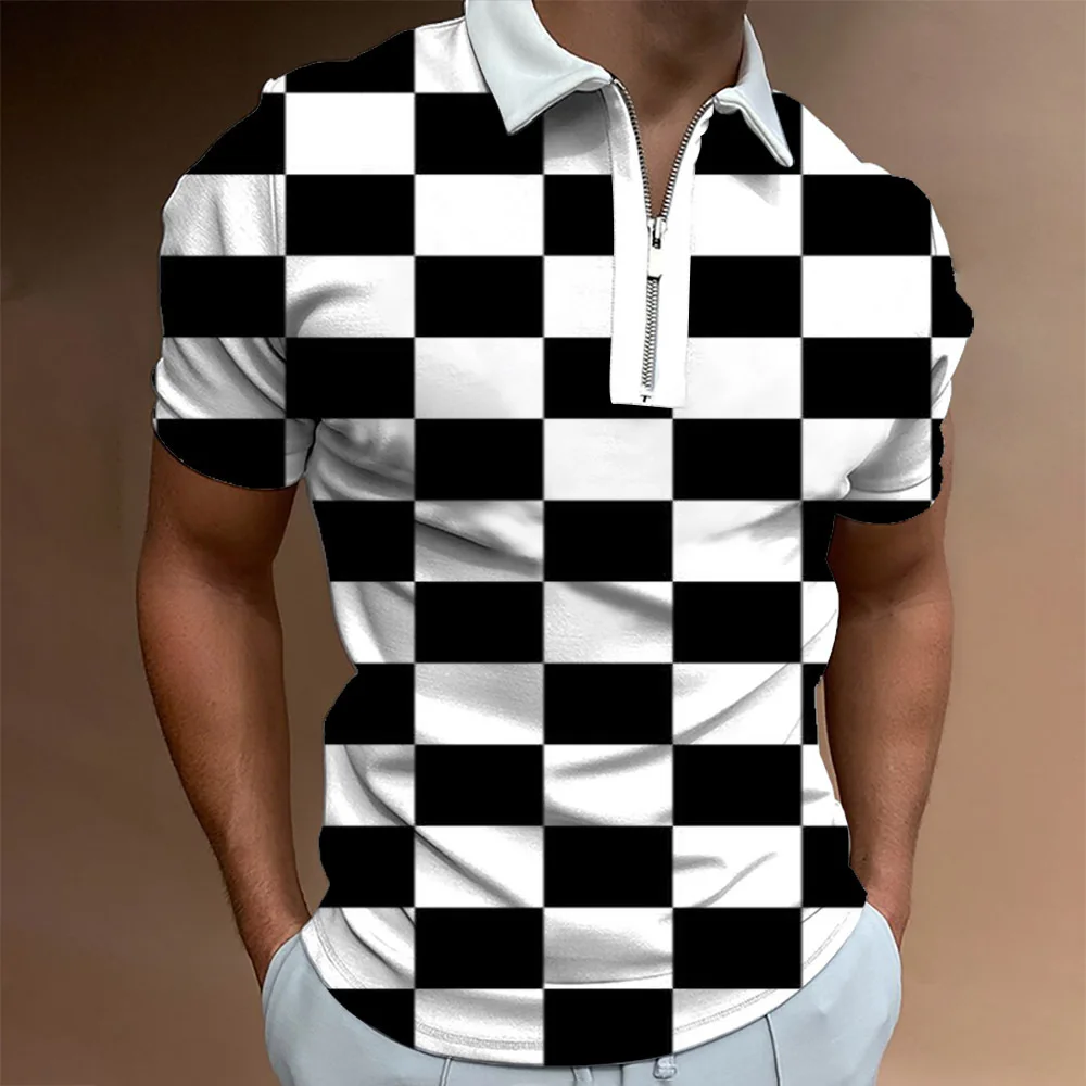 Black And White Checker 3D Prining Men's Polo Shirt Business Casual Lapel Vintage Short Sleeve Zipper Golf Tops Fashion Designe