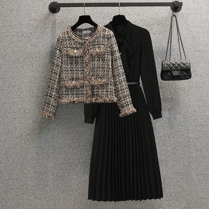 Damska wiosna jesień Vintage Plaid Cardigan Jacket Midi Black Dress 1 lub dwuczęściowy zestaw Lady Graceful Coat Bowknot Dresses Suits