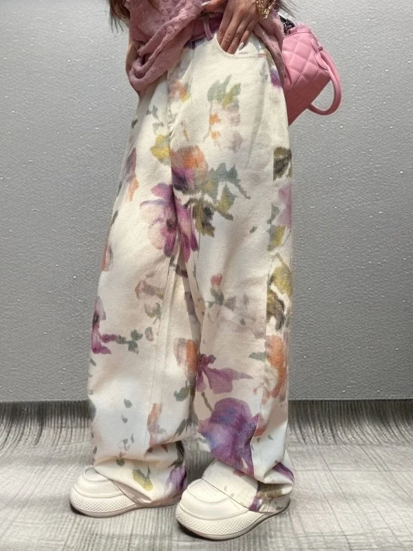

Spring Fashion High Waist Wide Leg Floral Print Loose Jeans Women's Casual Style Multi Pocket High Sensation Floral Pants