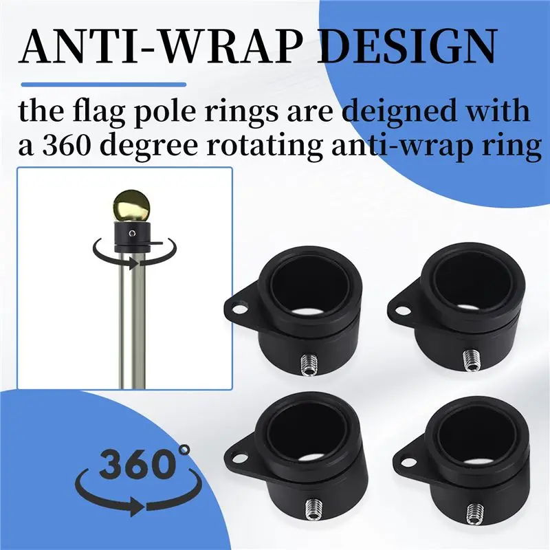 F-T 4 Pcs Flag Pole Rings Aluminum Alloy Mounting Rings 360 Degree Rotating Flagpole Anti Wrap Flag Pole (1 Inch Black)
