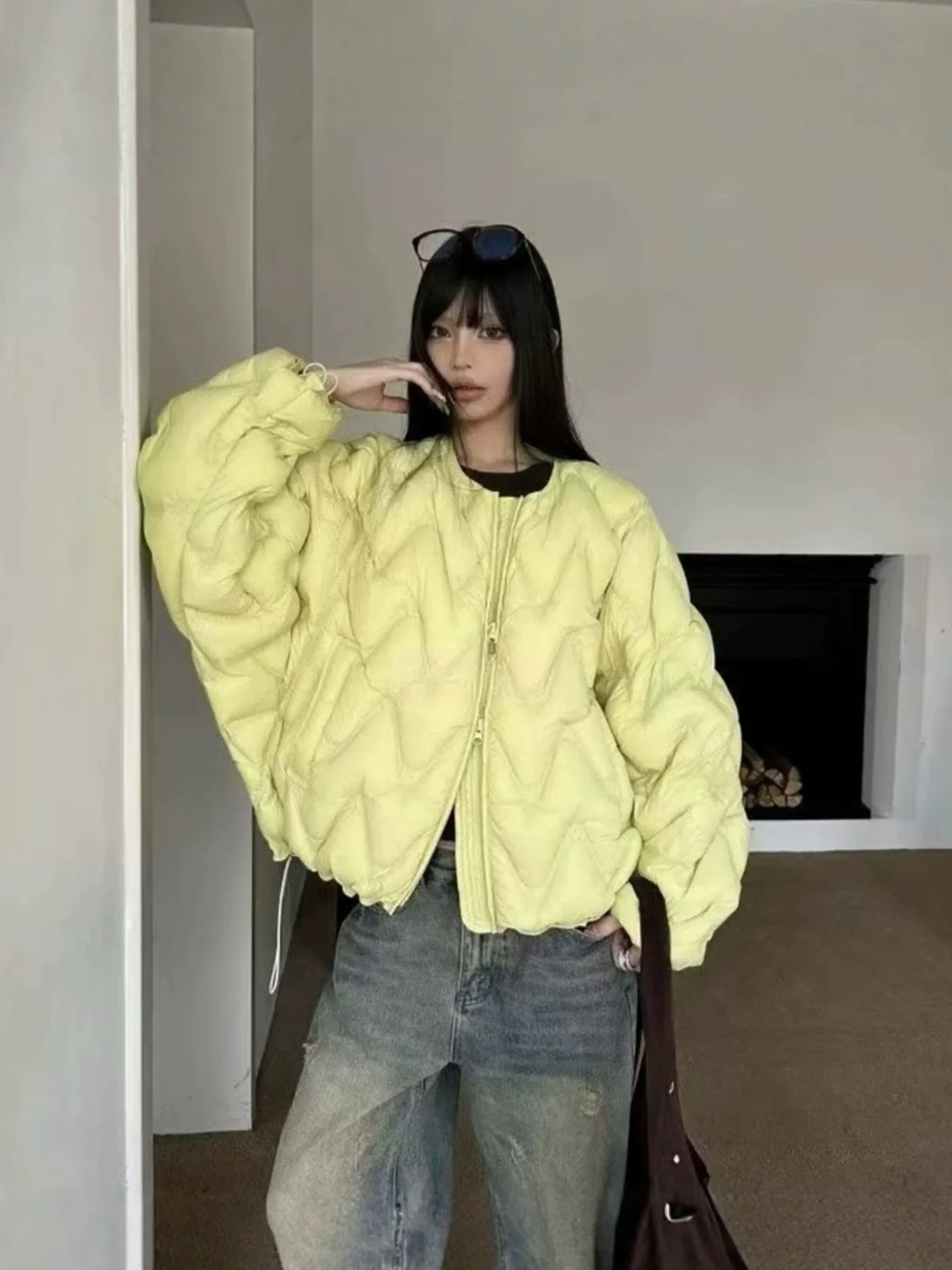 Winter Puff Fluffy Ripple Pattern Down Jacket Women White Duck Down Double Zipper Outwears Female Round Neck Warm Parker Jacket