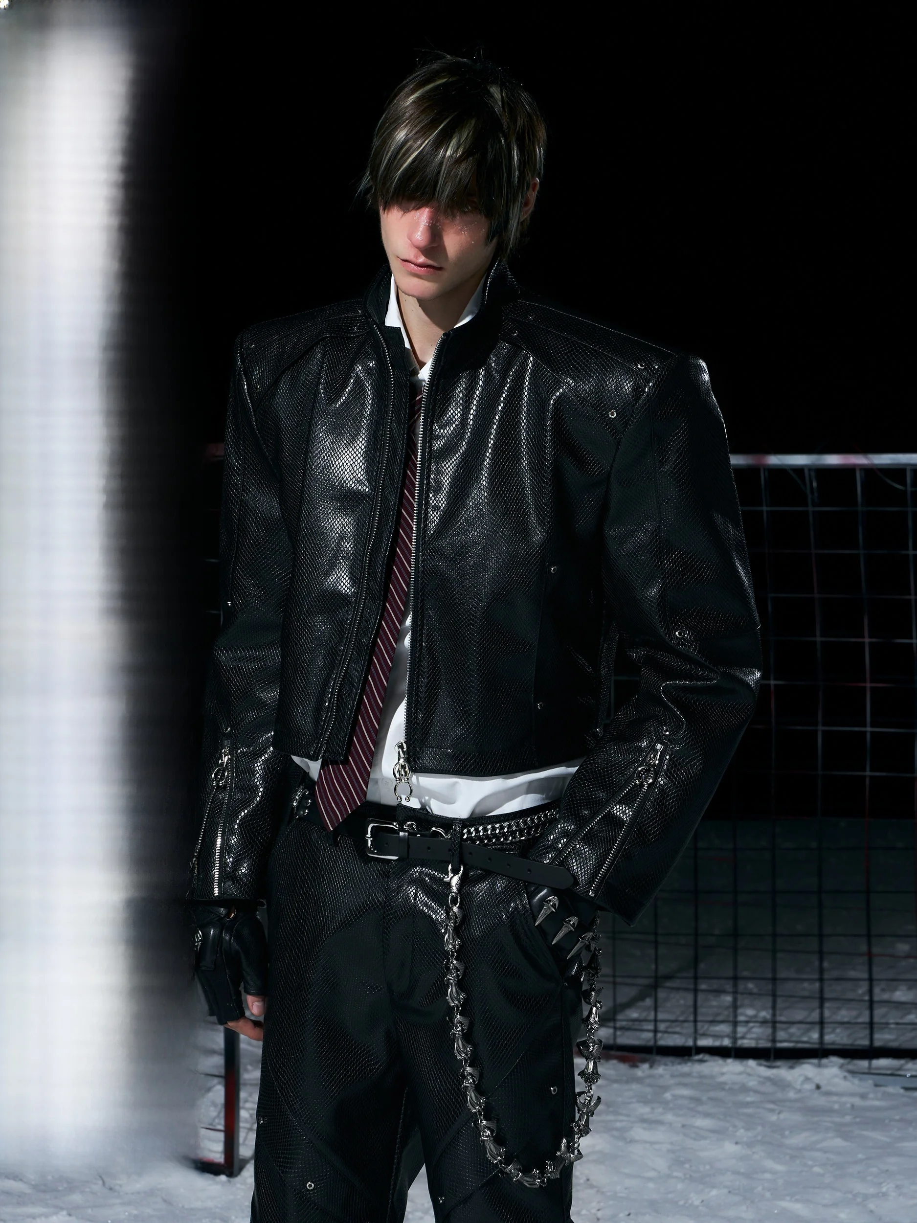 

Men's ort Stand Collar Snake Skin Print Leather Jaet Winter Warm Padded oulder Cotton Insert Design Faionable Coat