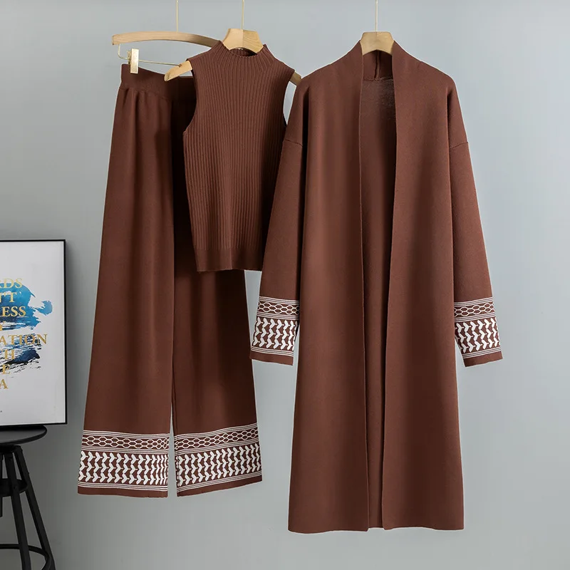 Autumn Winter New Women Three-piece Suits High End Long Knitted Cardigan Sleeveless Sweater Vest Knit Wide Leg Pants 3PCS Sets