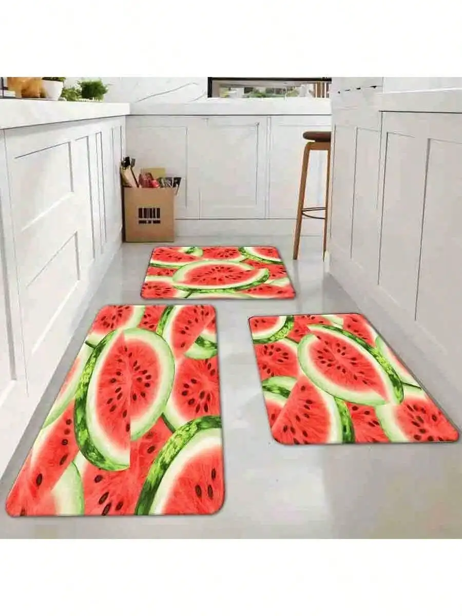 1PC Floor--Watermelon Slice Pattern Floor, Seamless Interlocking Watercolor Style Non - Slip Home Decor Rug Kitchen Bedroom Living Room, Vibrant Red Flesh &