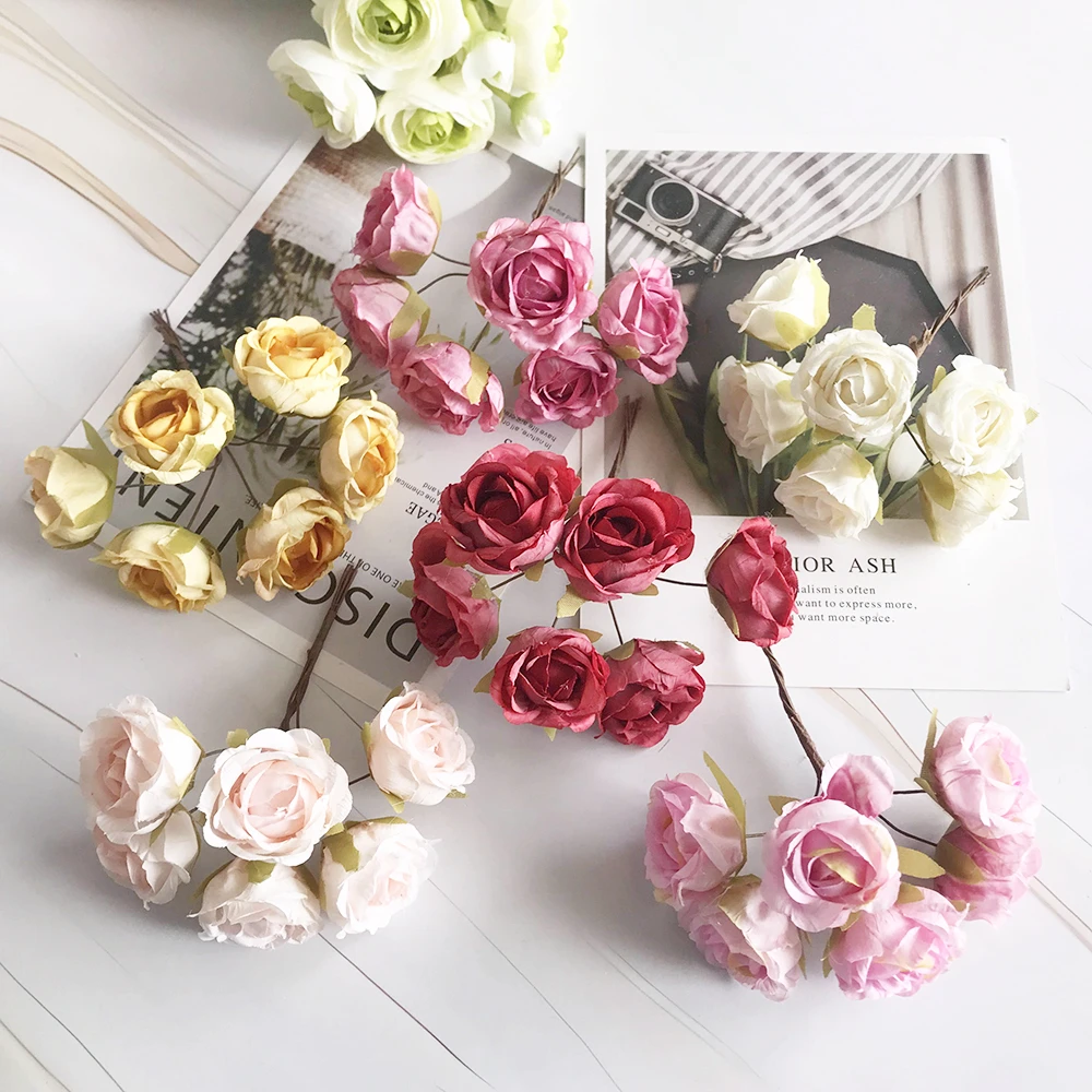 European-style retro rayon tea roses 6 small flower buds bouquet wedding home retro fake flower party DIY decoration