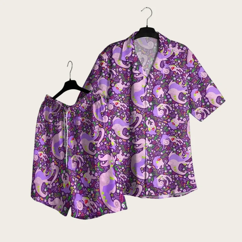 

2026 Summer New Elf Goodra Theme Men's Hawaiian Shirt Beach Shorts Two-piece Set Cute Home Anime Pajamas Shirt T-Shorts Set Gift
