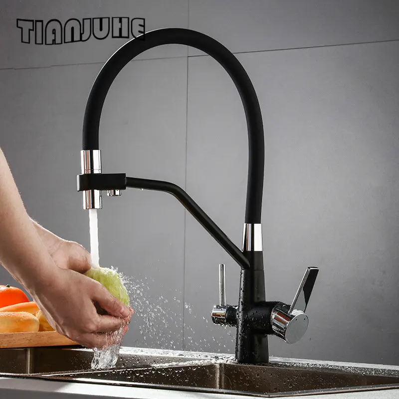 Pull Down Kitchen Sink Faucet 1 Hole Mount 2 Spout Hot and Cold Temperature Mixer Kitchen Tap Brass with Supply Hoses