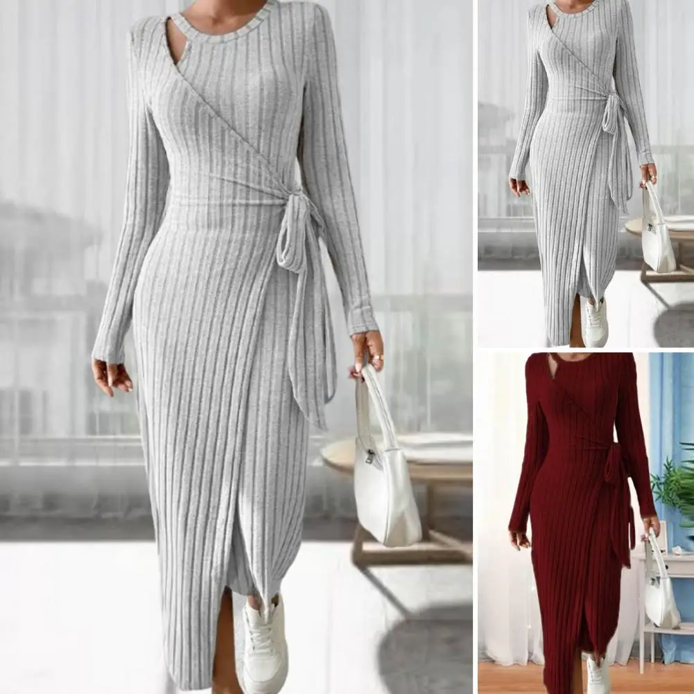 Women Lightweight Dress Elegant Lace-up Maxi Dress with Irregular Hem Striped Detail for Women Fall Winter Fashion Statement