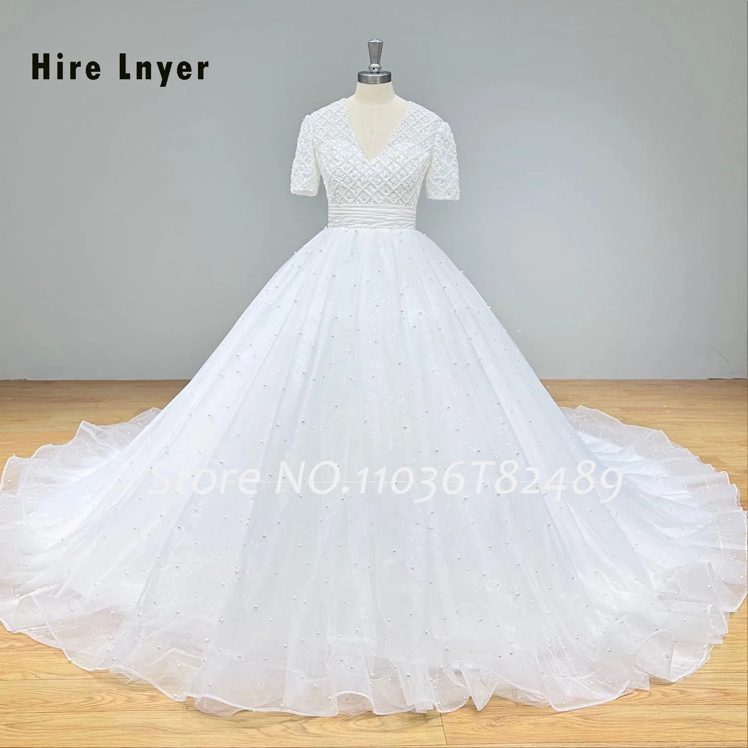 Hire Lnyer V-Neck Lace Up Back Short Sleeve All Over Full Beads Pearls Shiny Gorgeous Ball Gown Wedding Dress Real Office Photos