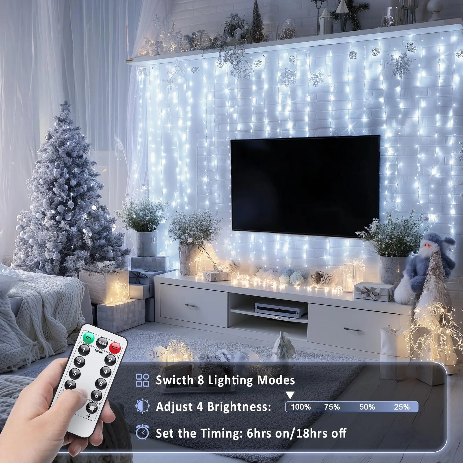 300 LED White Curtain Lights, USB Powered, 9.8ft x 9.8ft | White Christmas Lights with Remote, 8 Modes Hanging String Lights for Bedroom Wall Wedding Party Backdrop Window Decor