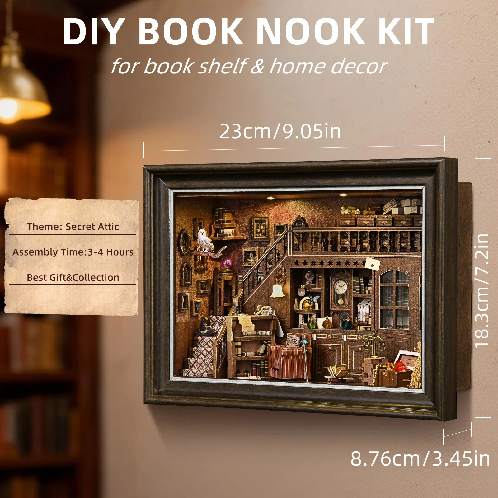 Kit Book Nook: Rompecabezas 3D de madera DIY para insertar en estantería, modelo de casa de muñecas, sujetalibros, decoración del hogar, marco de fotos