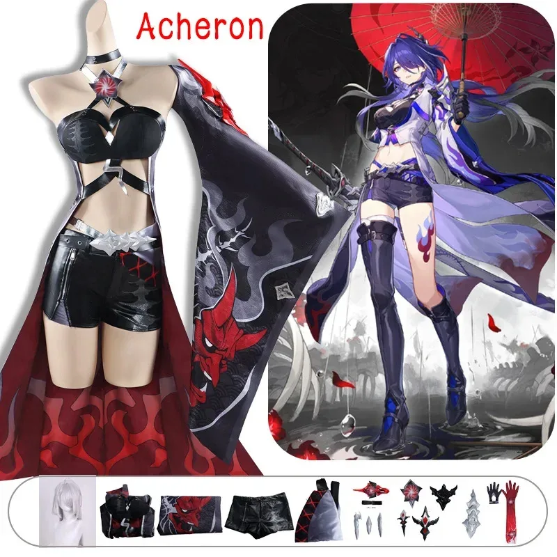 

Acheron Cosplay Honkai Star Rail Costume Game Acheron Red white Cos Dress Wig 2th Set Women Role Play Carnival Party Halloween