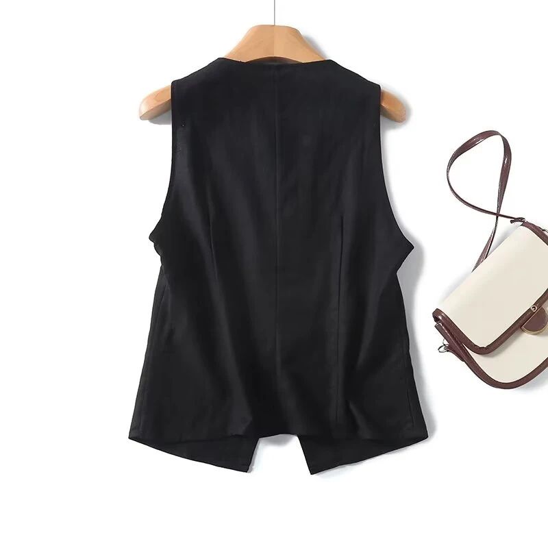 YENKYE 2024 Women Black V Neck Linen Blazer Vest Sexy Sleeveless Single Breasted Office Lady Waistcoat Summer Chic Crop Top