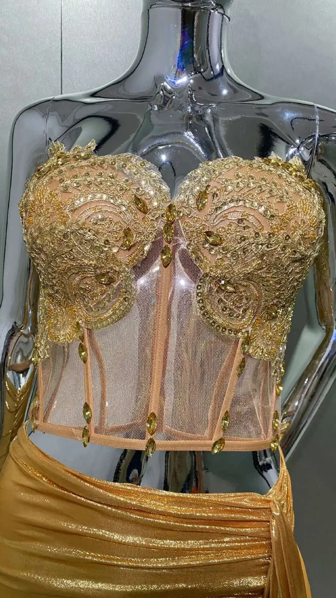 LEOSOXS Golden Shiny Diamond เซ็กซี่ Sheer Hot สไตล์ Gold Sheer Tube Top + แฟชั่น Hot Party Performance Dress กระโปรงสั้น