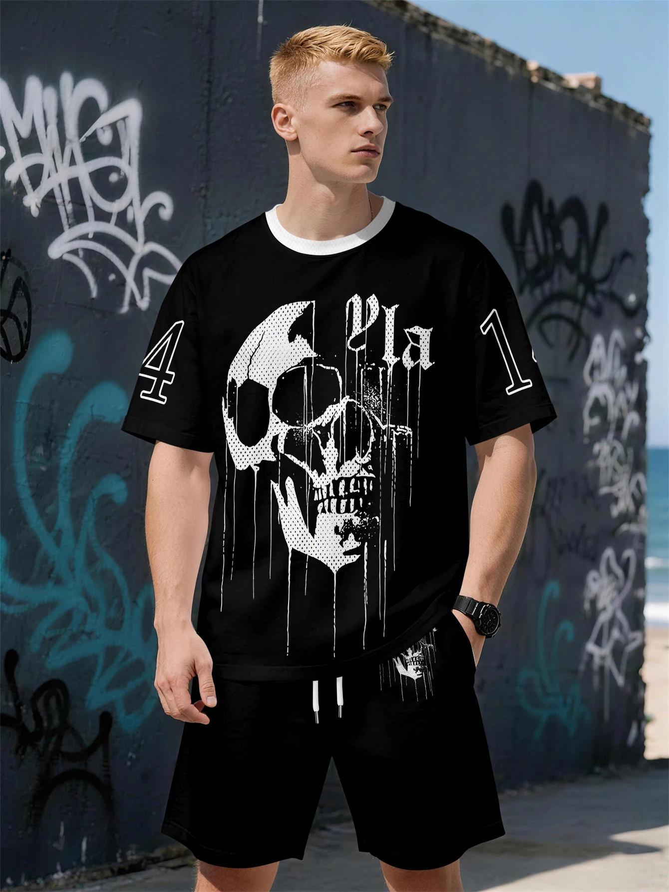 

2026 Summer New Men's Short-Sleeved Set with 3D Skull Pattern Print - Street Casual Fashion Comfortable and Soft