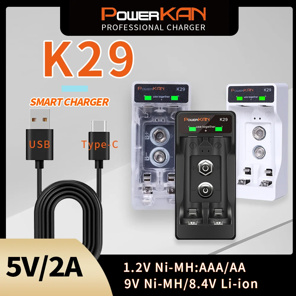 

POWERKAN K29 for 9V Ni-MH/8.4V Li-ion&1.2V Ni-MH: AA/AAA Battery Charger 2-Slot Portable Small 3 Color Choices