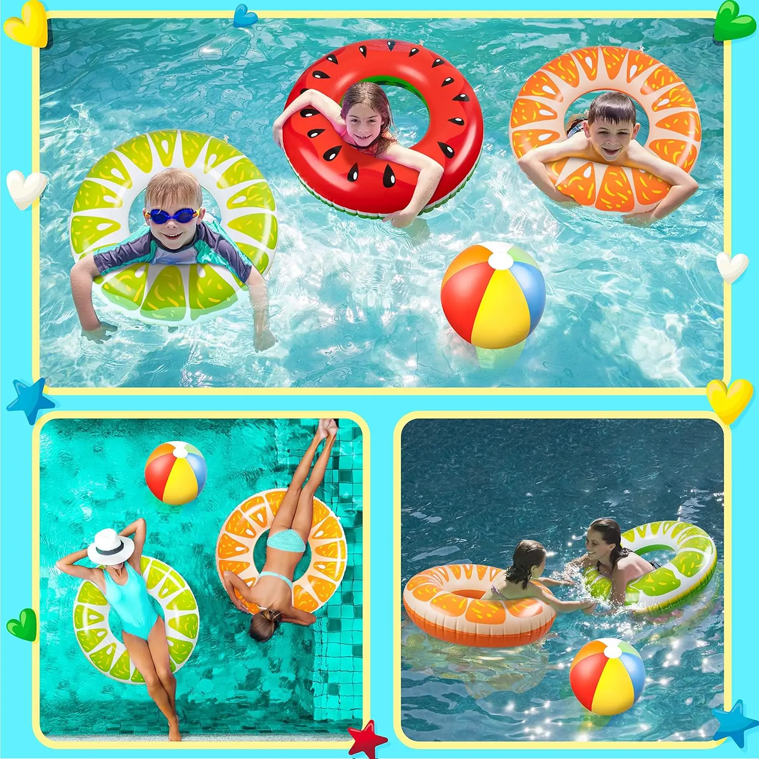7 peças flutuadores de piscina de frutas: melancia kiwi laranja limão anéis de natação com bolas de praia de 13.5 "tubos infláveis brinquedos flutuadores para ki