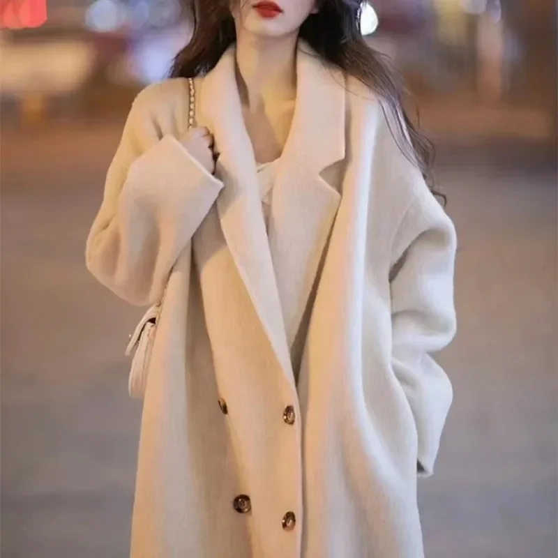 

Korean Women Long Wool Coats Turn Down Collar Full Sleeve Loose Casual Mid Length Blends Cardigan Splice Autumn Winter