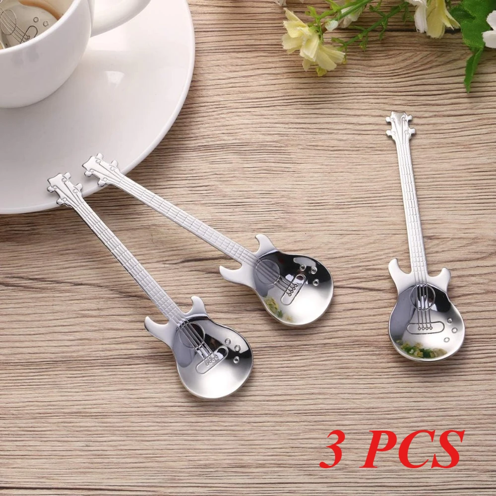 3PCS Stainless Steel Guitar Coffee Teaspoons Creative Cute and Easy To Clean Musical Coffee Sugar Spoon Milk Tea Shop Use Spoons