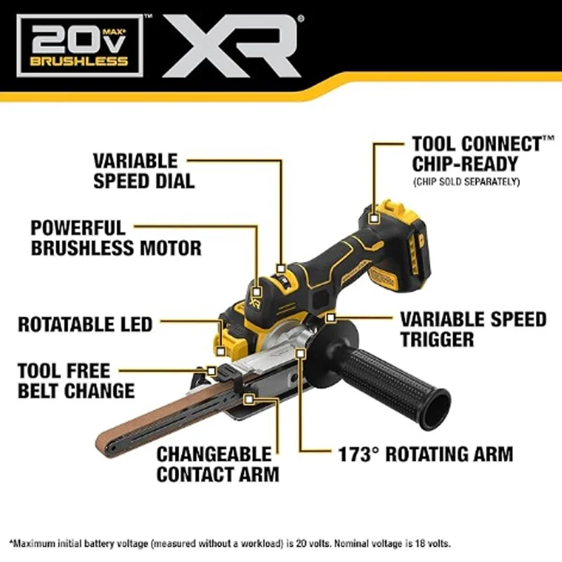 Imagem -02 - Dewalt Dcm200 20v Max Xr®18 Polegadas. Brushless Motor Cordless Belt Sander Braço Bandfile Contato 700 Mwo 104 ° Rotating Dcm200b