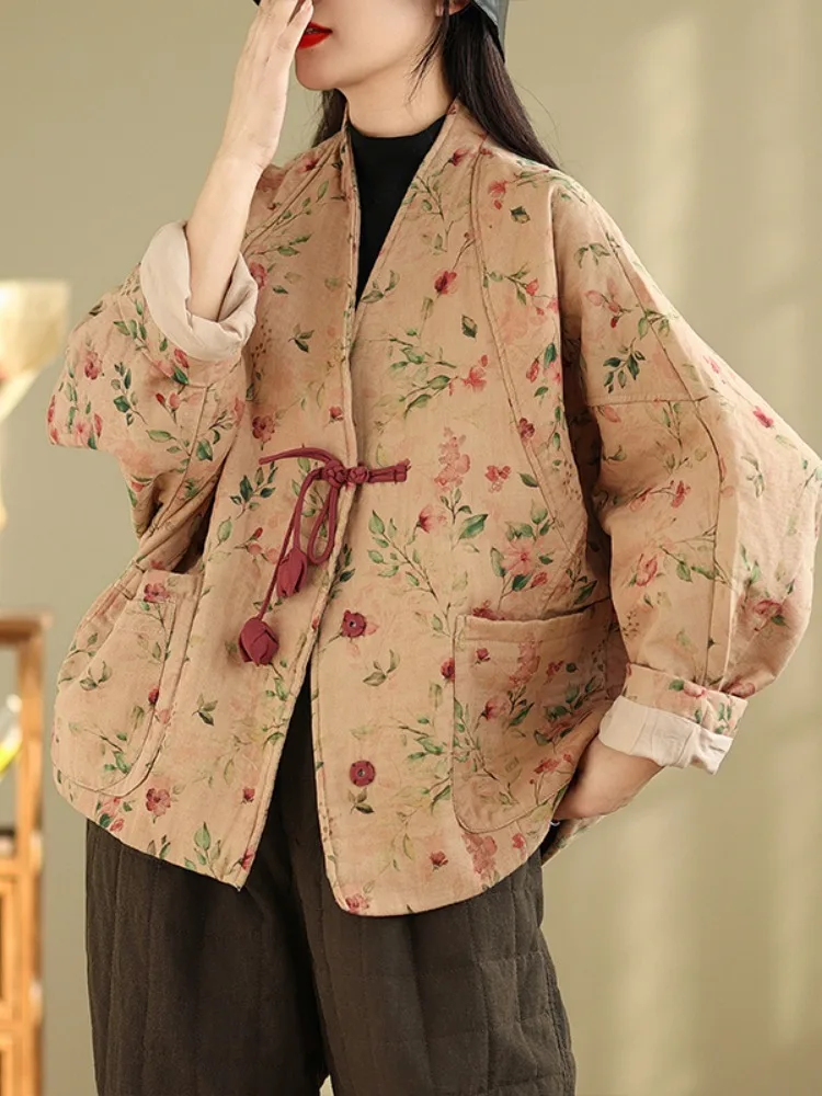 

Retro Cotton Linen Floral Button Lightweight V-neck Jacket Women's Winter Coat Printed Zen Tea Clothes Outerwear