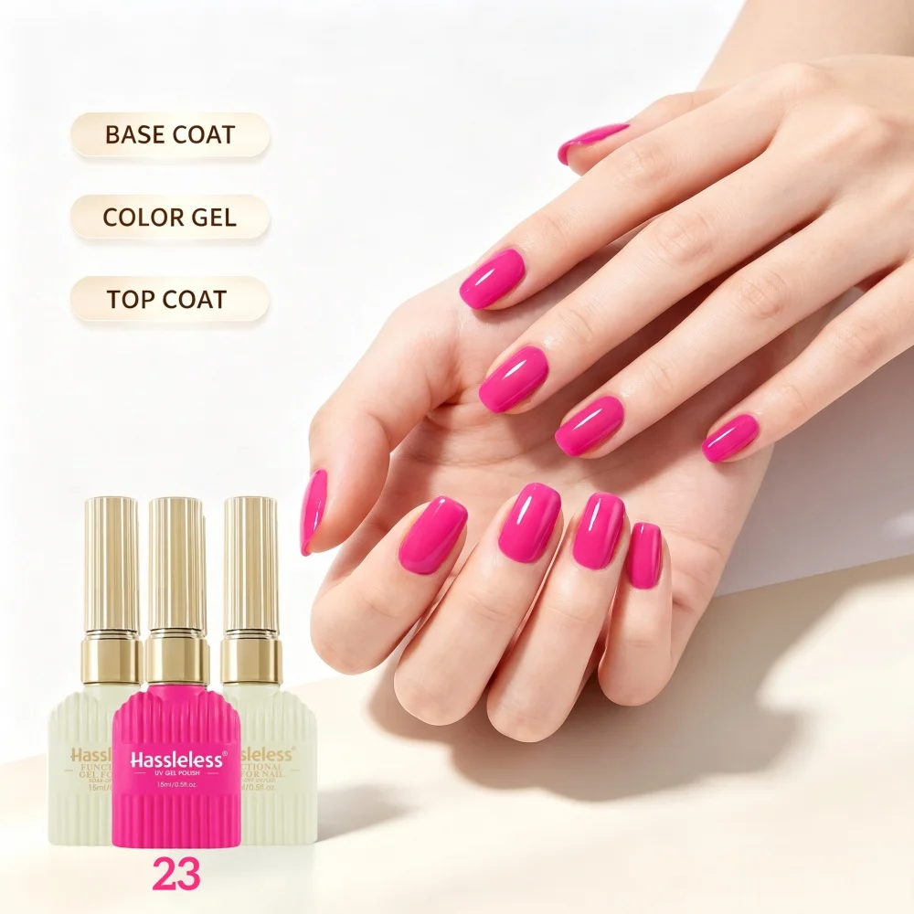 Hassleless Bright Dragon Fruit Rose Pink Nail Polish Gel 3-Piece Set, Base Coat and Top Coat Combination, High Coverage Solid Color Nail Polish, Long-Lasting Glossy Finish for Trendy Nail Art, Long-Lasting and Removabl