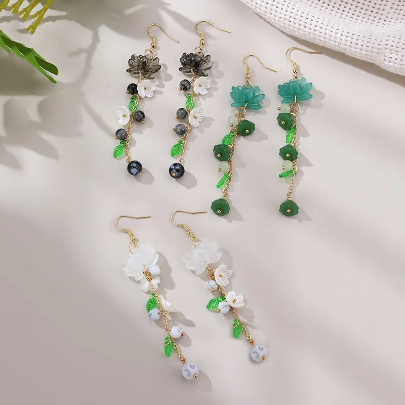 Steel Fun New White Lotus Tassel Drops Earrings Resin Flower Traditonal Ethnic Style Earring for Women Girls Fashion Jewelry