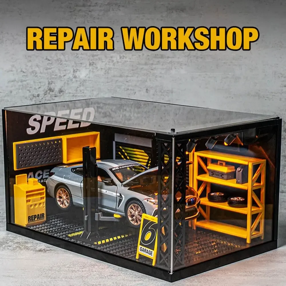 1/24 Scale Diorama Car Garage Model LED Lighting Car Repair Workshop Background Display Scene Model Collection Gift Toy