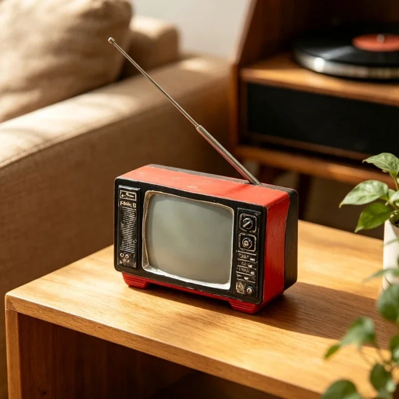 Nostalgic Tabletop Decors Resin Figurine with Distressed Finish, Antique Television Model with Antennae Accent for Desk Y5GB