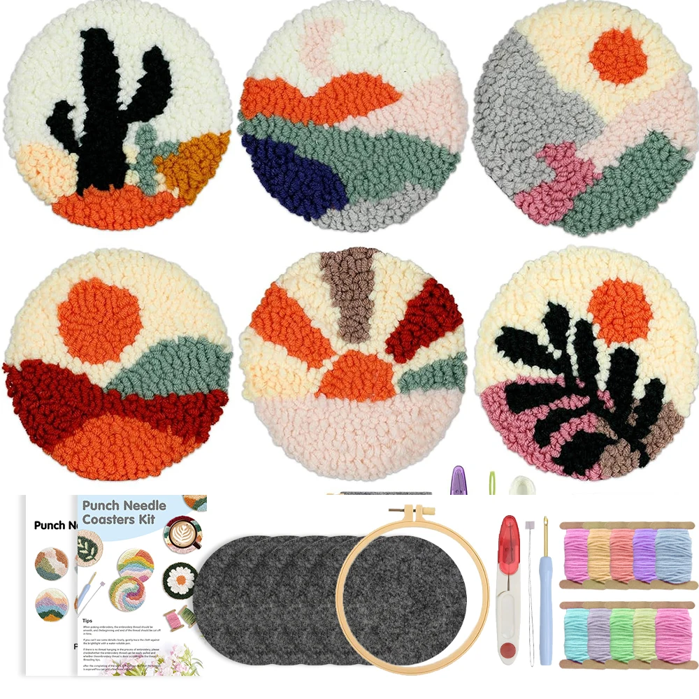 

6PCS Landscapes Punch Needle Coasters Kit Easy DIY Punch Needle Embroidery Kit for BeginnersTools, Yarns, Hoop, Instruction
