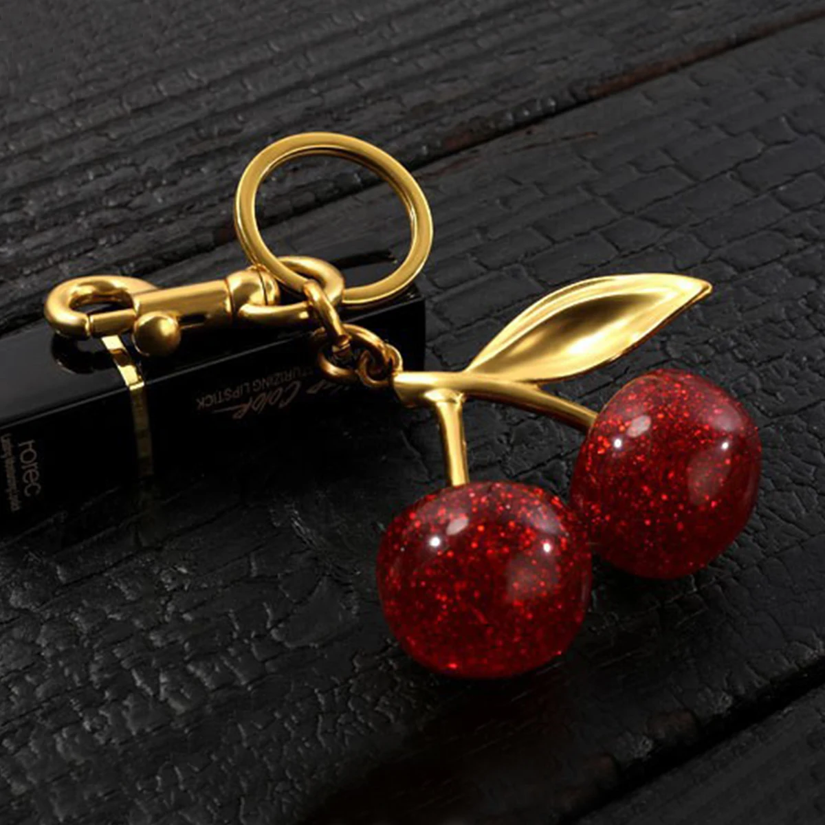 Catuni Big Cherry Shaped Crystal Pendant Keychain Glitter Fruit Charm Accessories for Purses Bags Women Gifts