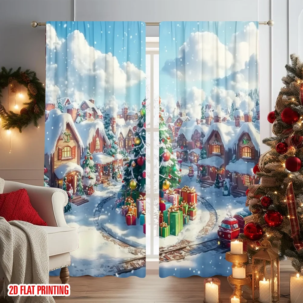 2 قطعة 2D الطباعة المسطحة عيد ميلاد سعيد الستائر الشتاء العجائب شجرة عيد الميلاد المشهد الرقمية المطبوعة البوليستر الستائر الأسرة #5