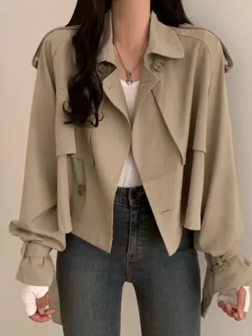 세련된 짧은 스타일 여성 코트 봄 가을 캐주얼 Drapey Workwear 겉옷 한국어 버전 순수 컬러 버튼 긴 소매