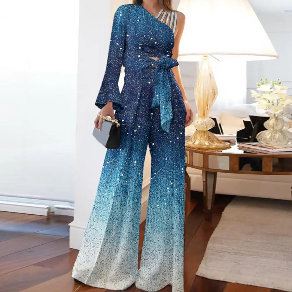 

2Pcs/Set Women Outfit Bandage Bowknot High Waist Wide Leg One Shoulder Top Patchwork Shiny Pants Set Streetwear