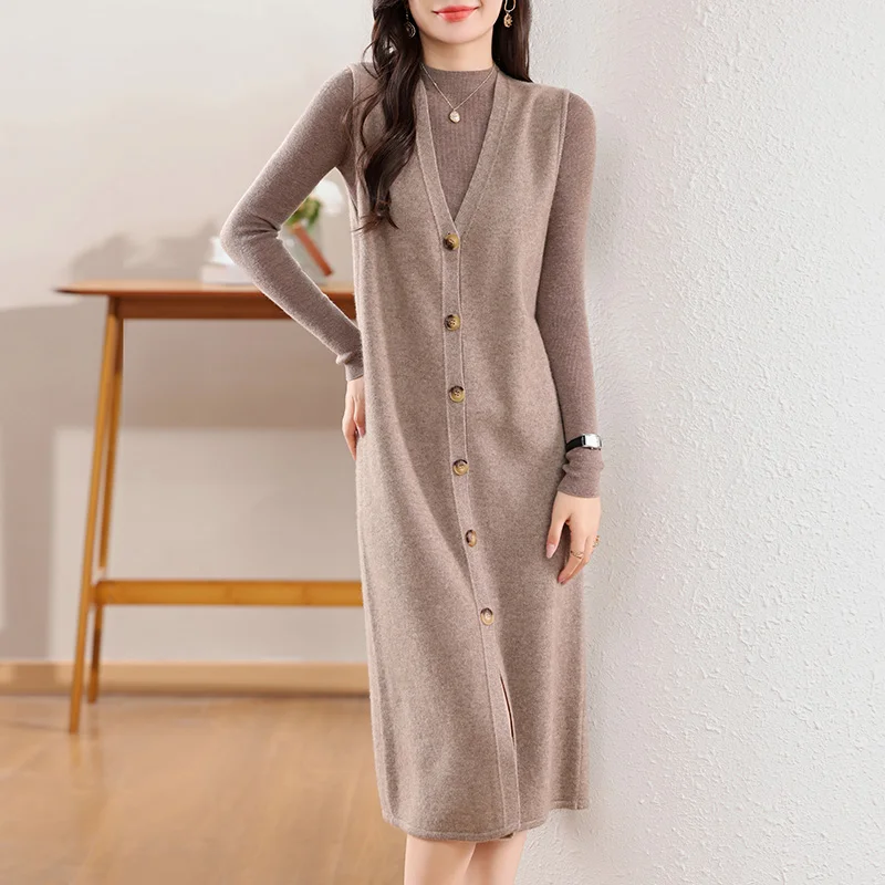 Long Wool Cardigans 100% Wool Women Knitwears New Fashion Pullovers Ladies Cashmere Vests 2024 Autumn And Winter Vests