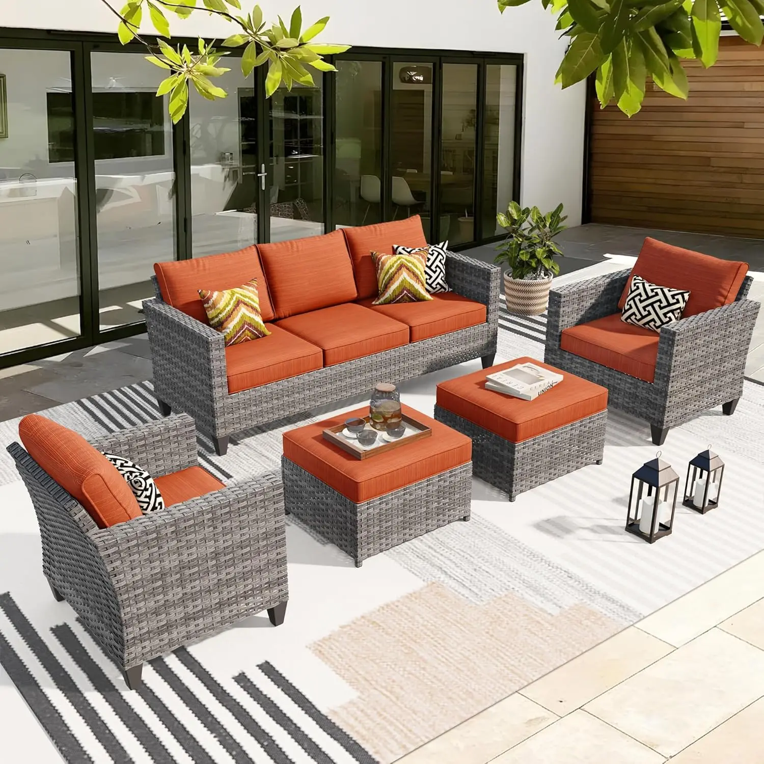 

5 Pieces Outdoor Wicker Rattan Sofa Couch with Chairs, Ottomans and Comfy Cushions, All Weather High Back Set